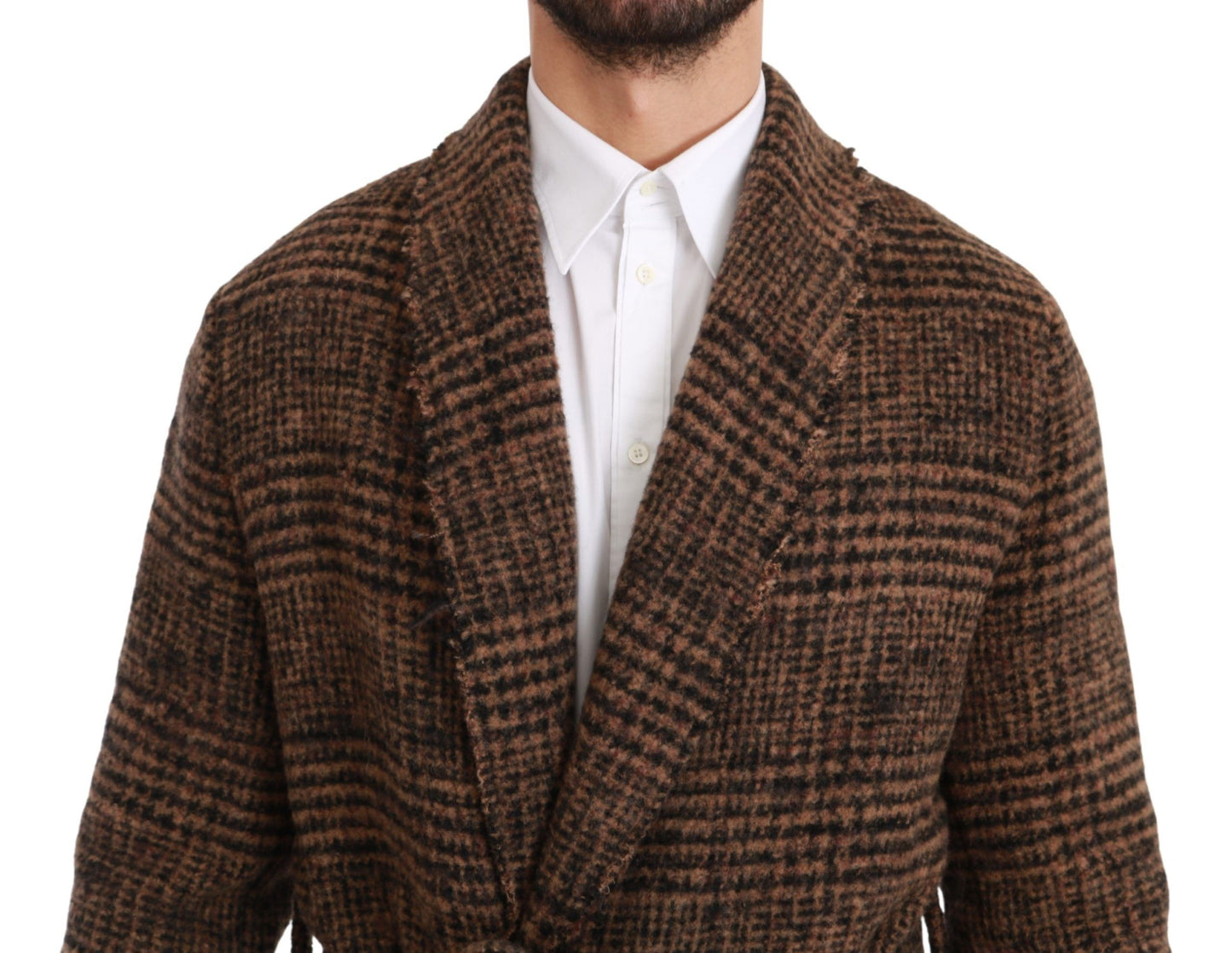 Brown Checkered Wool Robe Coat Wrap Jacket