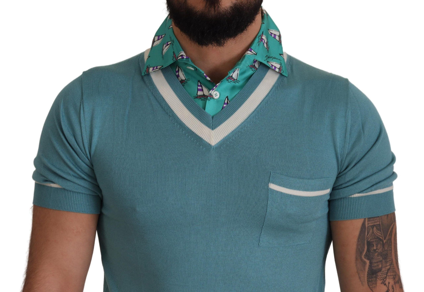 Blue Silk Polo Top Mens V-neck T-shirt