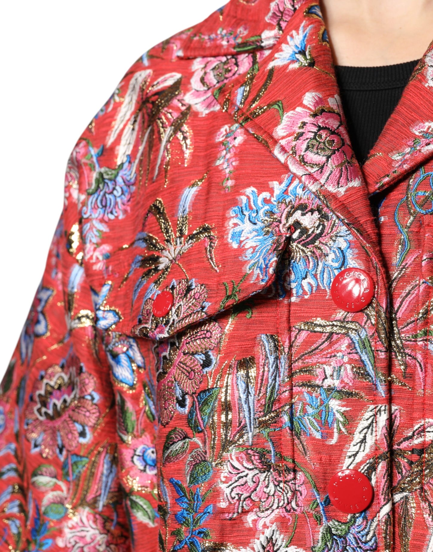 Red Floral Jacquard Button Down Coat Jacket