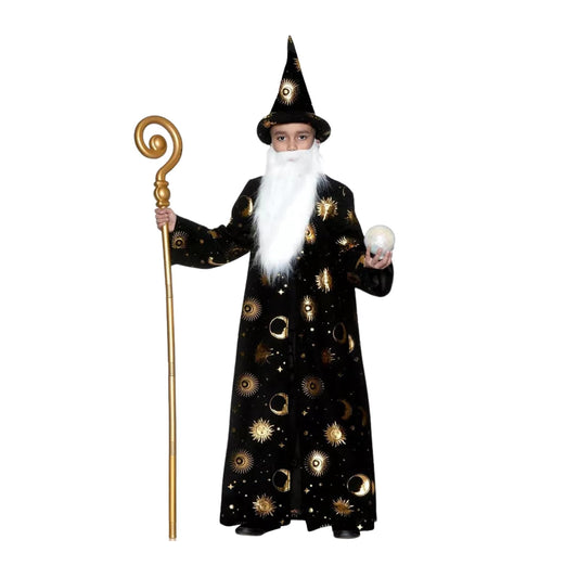 Black Wizard Robe w/ Hat & Beard Child Costume | Large
