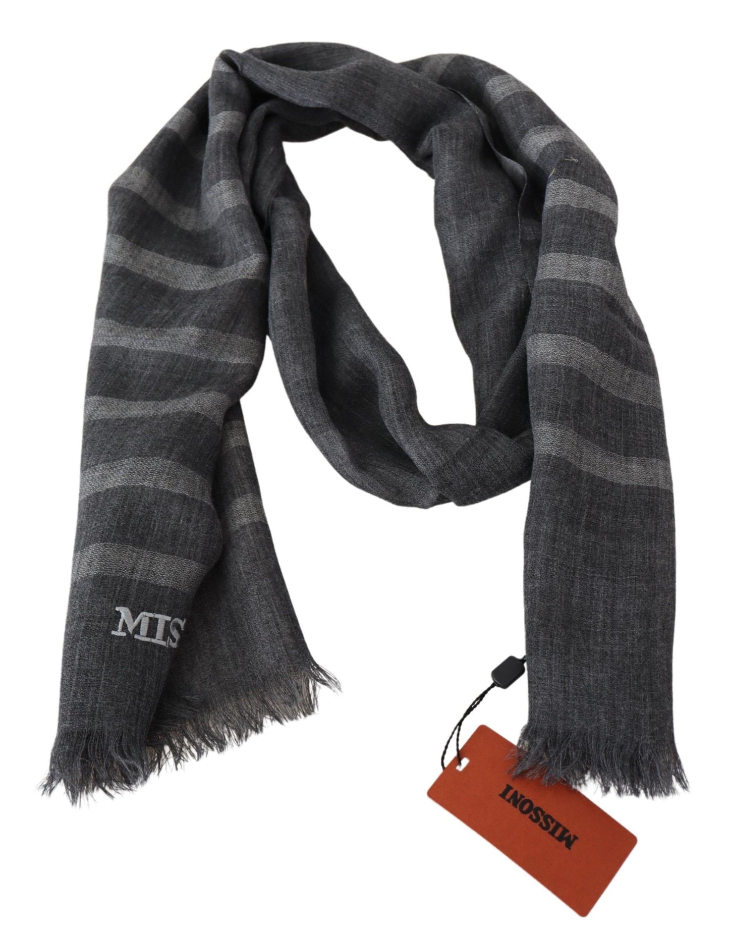 Gray Striped Wool Unisex Neck Wrap Fringes Scarf