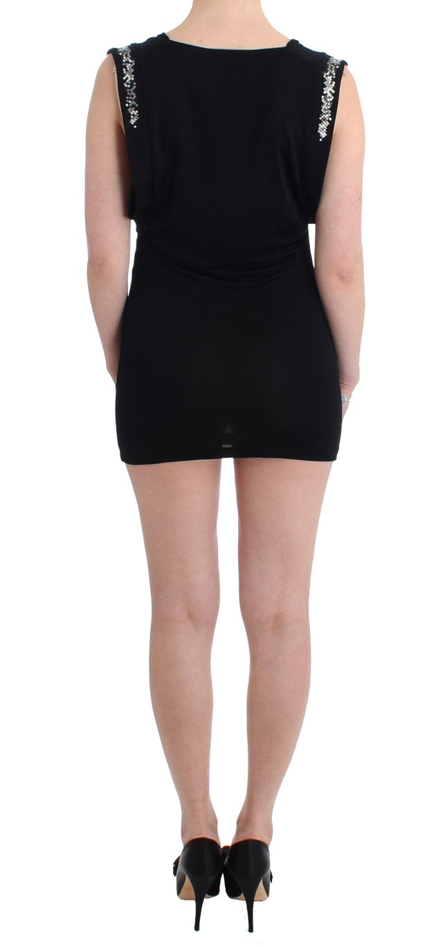 Black Embellished Jersey Mini Sheath Short Dress