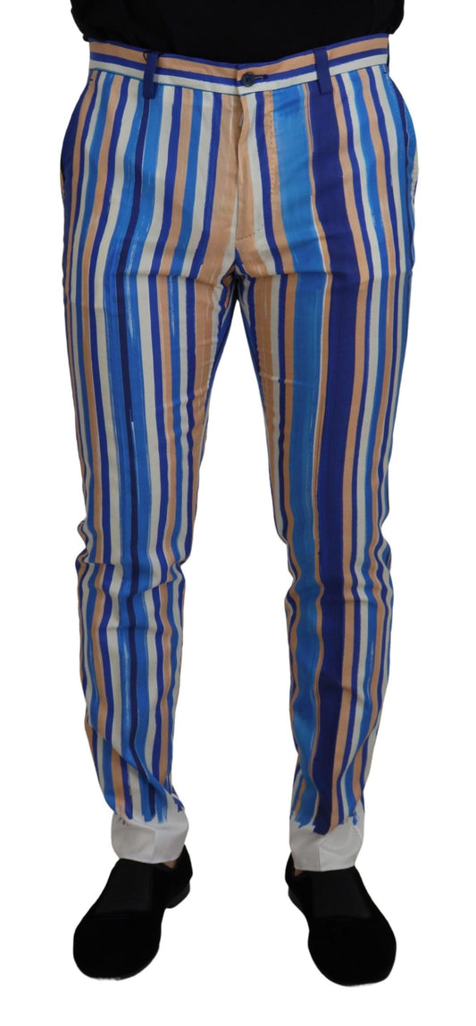 Blue Striped Silk Cotton Slim Trousers Pants