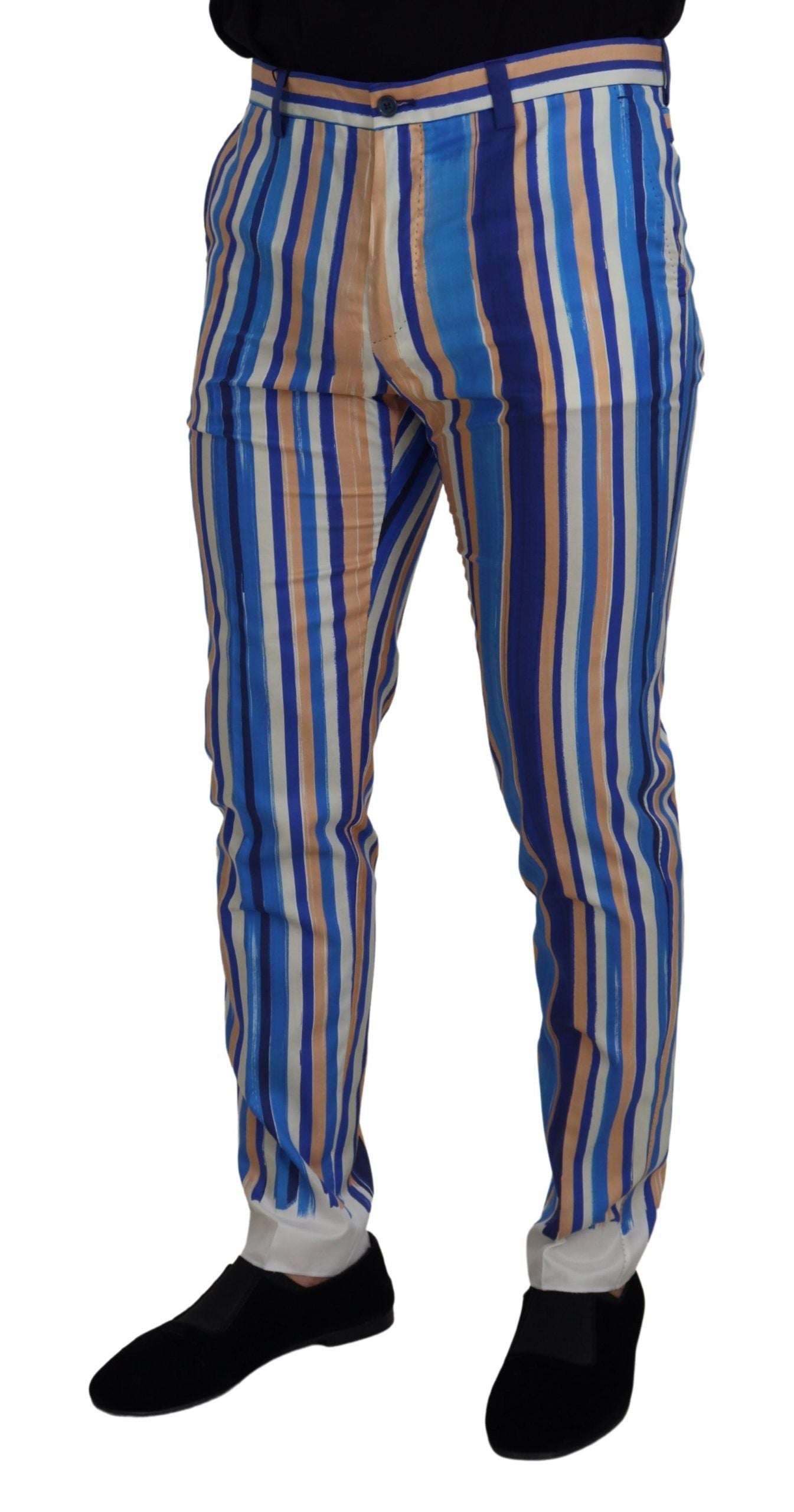 Blue Striped Silk Cotton Slim Trousers Pants