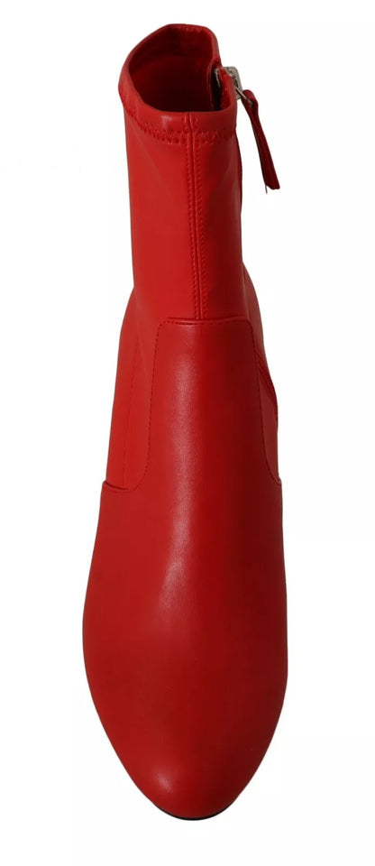 Red Leather Block Heels Ankle Boots Shoes