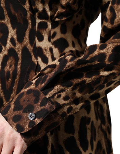 Brown Leopard Silk Button Down Coat Jacket