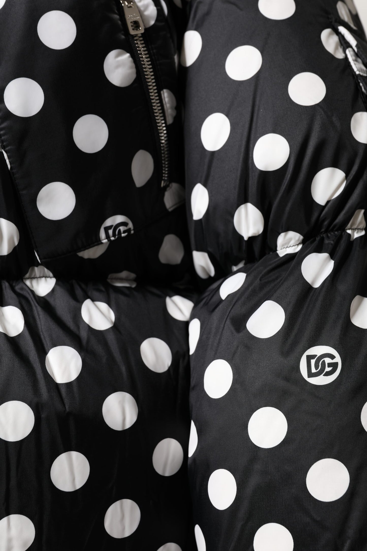 Black White Polka Dot Full Zip Puffer Jacket