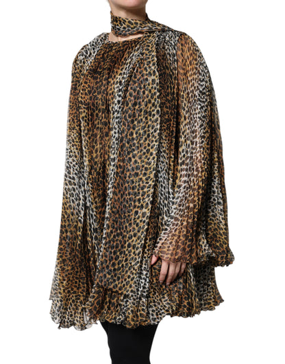 Brown Leopard Print Scarf Collared Chiffon Dress