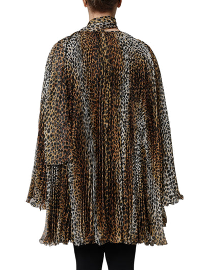 Brown Leopard Print Scarf Collared Chiffon Dress
