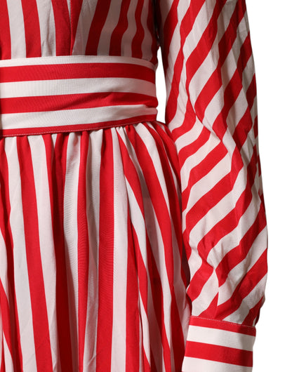 White Red Stripes Long Sleeves Midi Dress