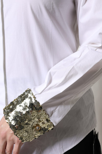 White Cotton Long Sleeves Sequin Shirt Top