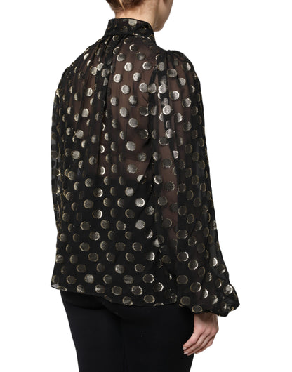 Black Sheer Tied Neck Polka Dots Blouse Top