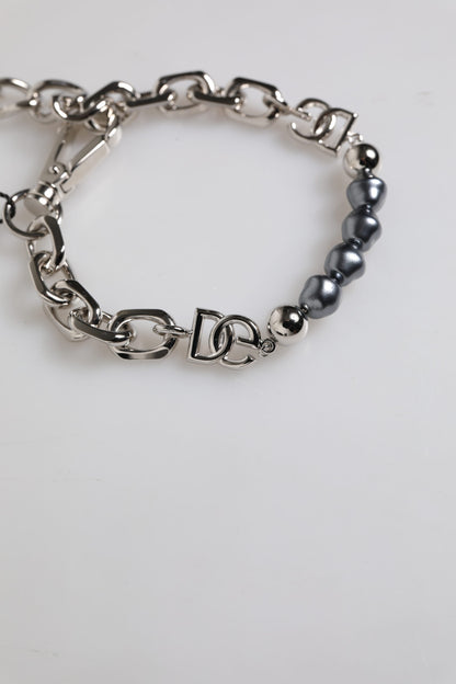 Silver Tone Chain Lobster Clasp Logo Gray Pearls Bracelet