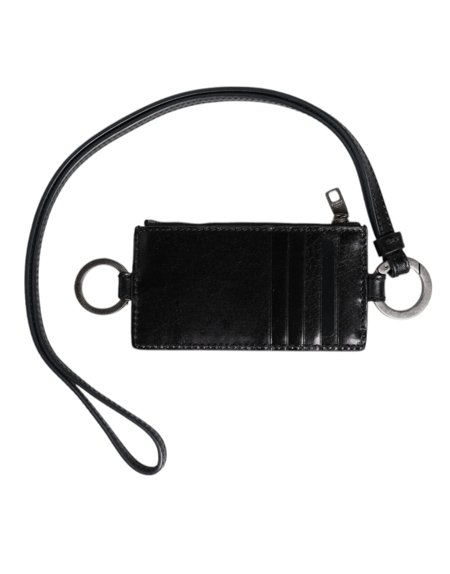 Black Leather Logo Embossed Lanyard Card Holder Wallet