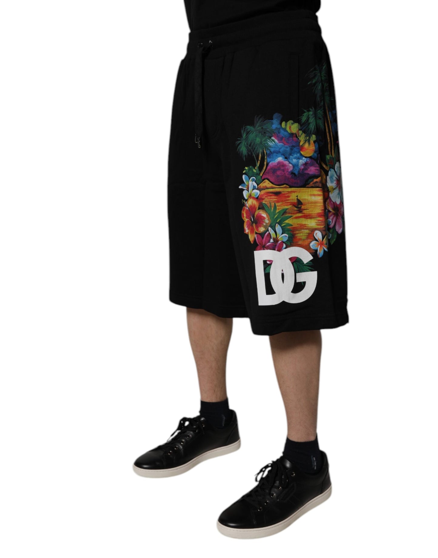 Black Cotton Logo Floral Print Bermuda Shorts