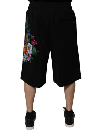 Black Cotton Logo Floral Print Bermuda Shorts