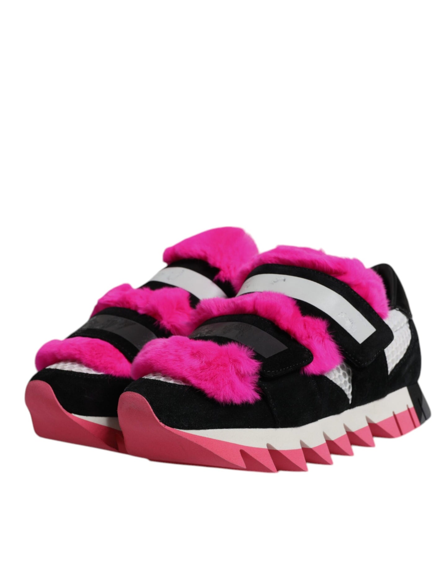 Black Pink Fur Embellished Sneakers Shoes