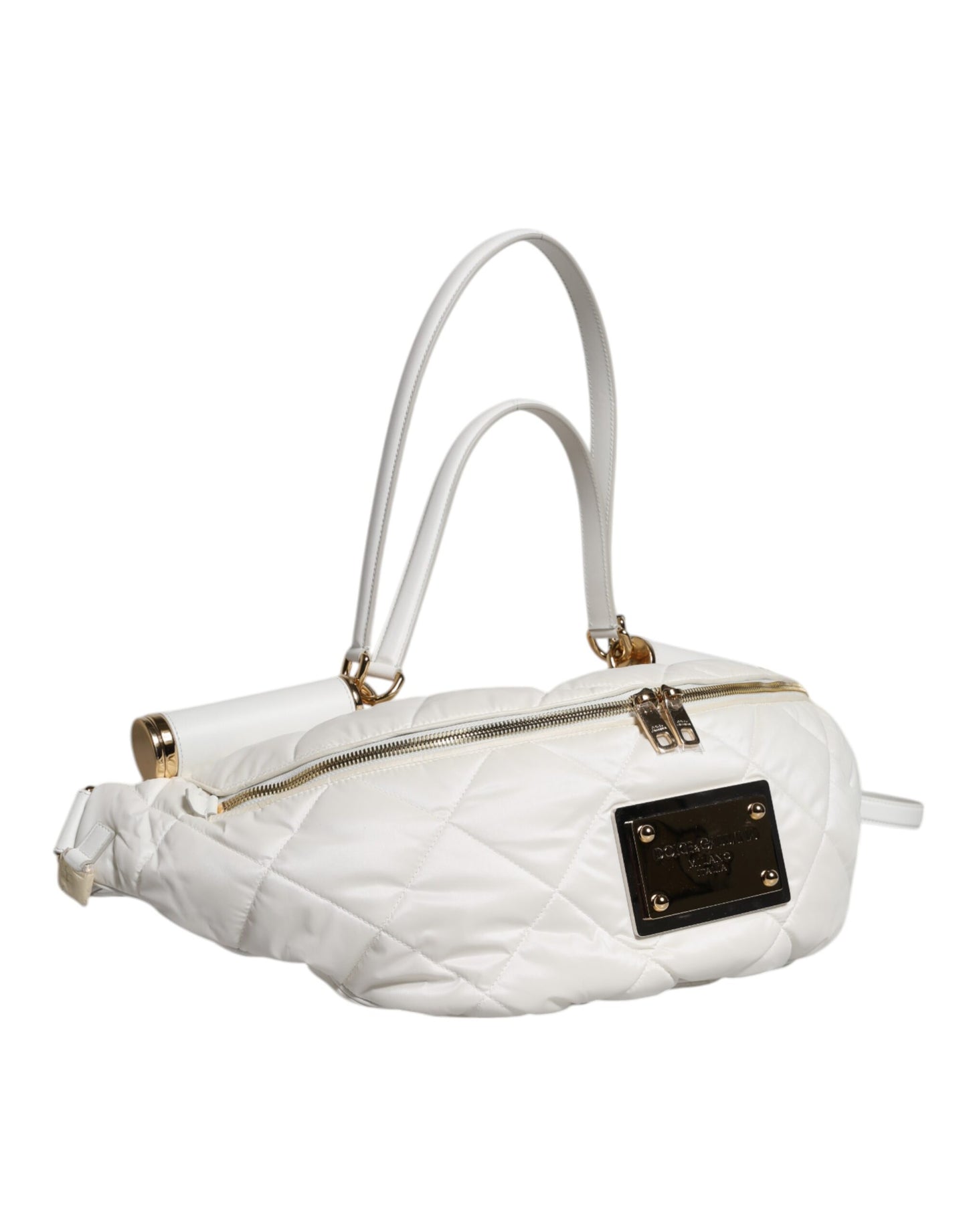 White Quilted Logo Plaque Belt Waist Fanny Pack Bag