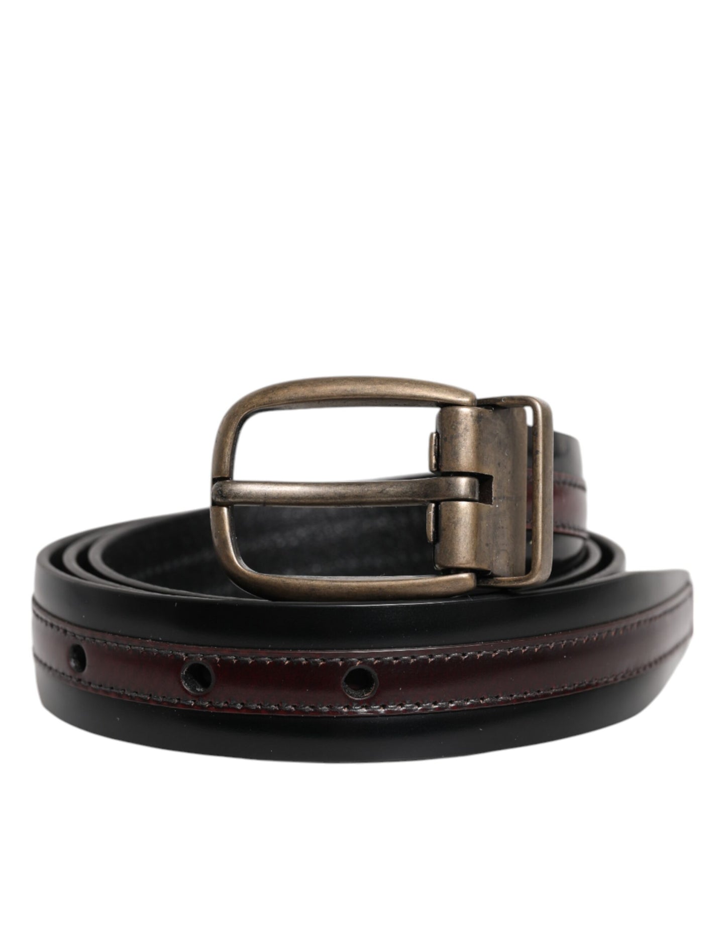 Black Burgundy Calfskin Metal Logo Buckle Belt