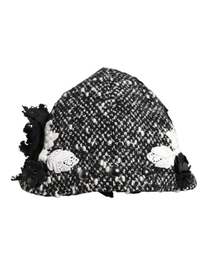 Black Wool White Floral Embellished Cloche Hat