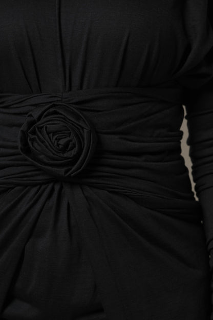 Black Wool Long Sleeves Sheath Midi Dress