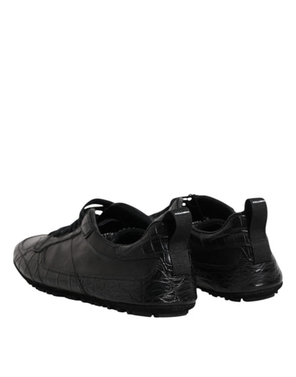 Black Exotic Leather Low Top Sneakers Shoes