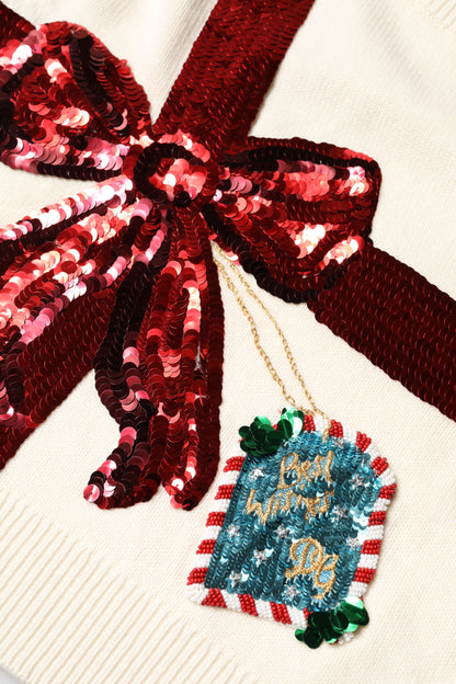 White Sequined Crew Neck Pullover Sweater