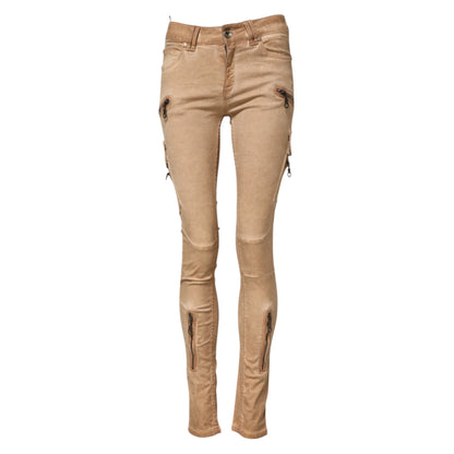 Brown Cotton Mid Waist Skinny Denim Jeans