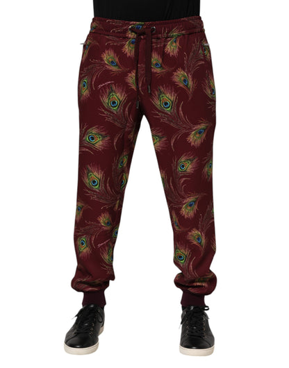 Burgundy Peacock Feather Print Jogger Pants