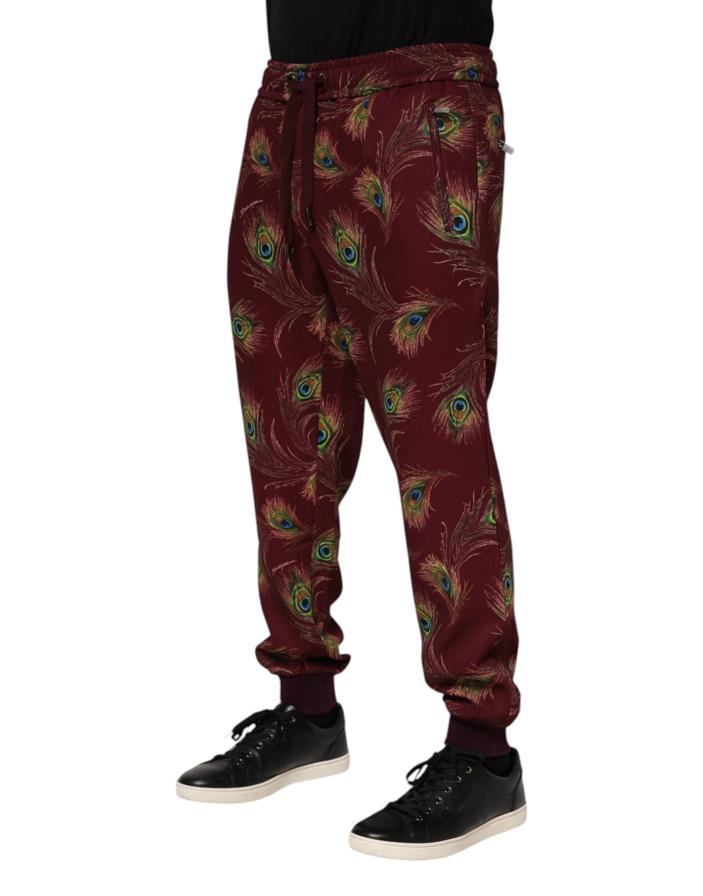 Burgundy Peacock Feather Print Jogger Pants