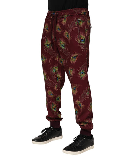 Burgundy Peacock Feather Print Jogger Pants