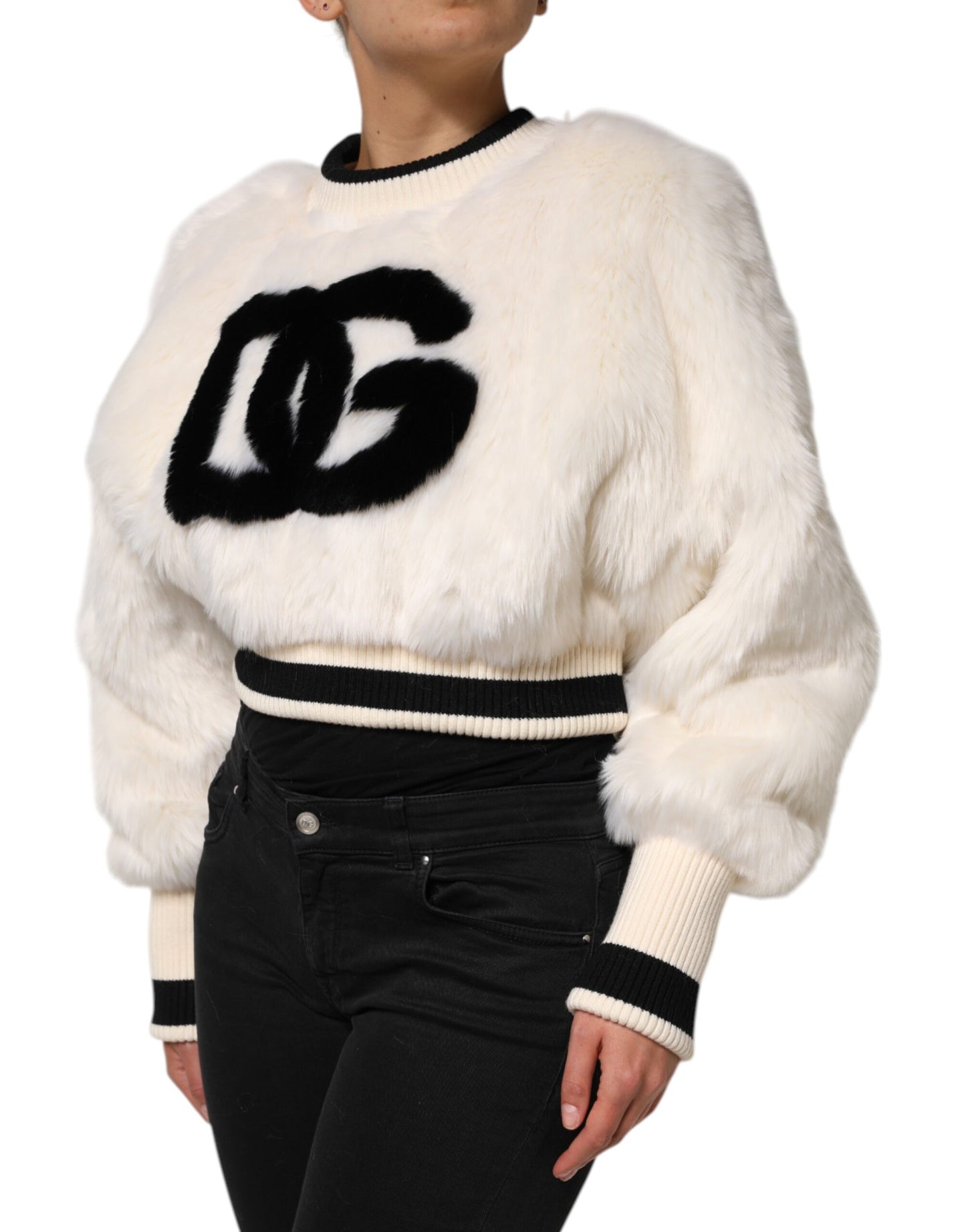 White Cropped Faux Fur DG Sweatshirt Sweater