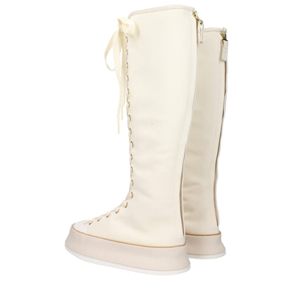 Beige Fabric Lace-Up Boots
