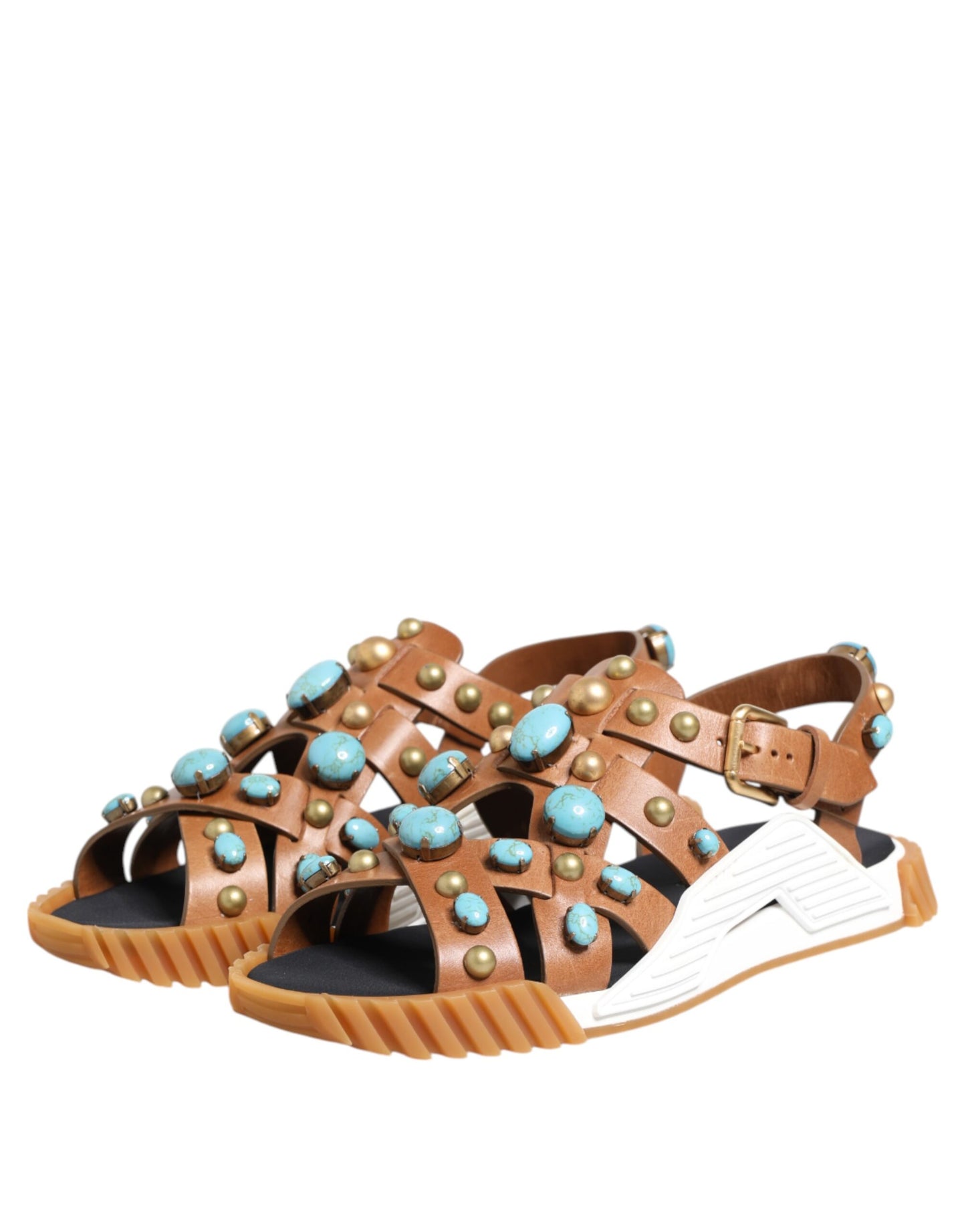 Brown Leather Studded Slides Sandals Shoes