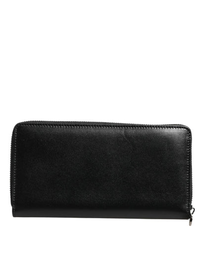 Black Leather Logo Plaque Zip Around Continental Wallet