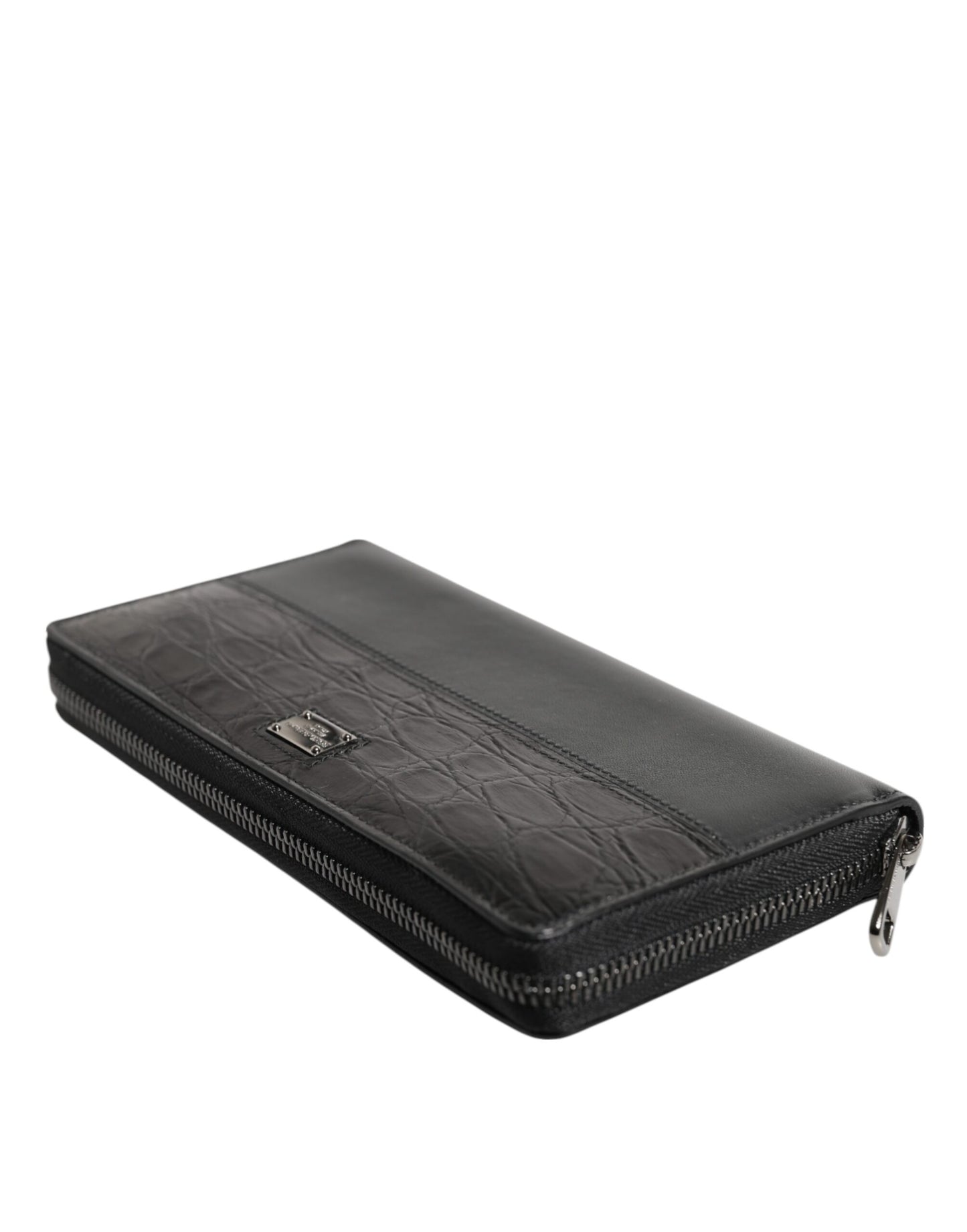 Black Leather Logo Plaque Zip Around Continental Wallet