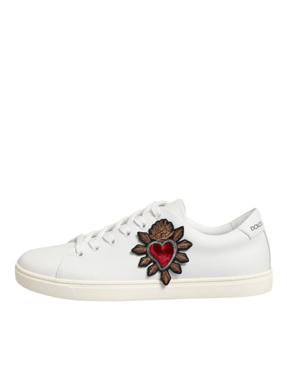 White Leather Sacre Heart Patch Sneakers  Shoes