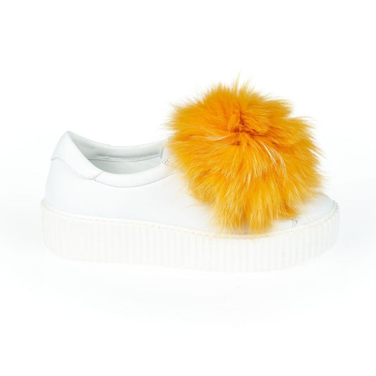 White Textile Women Sneaker With Real Fur Pom Poms