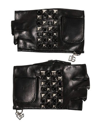 Black Leather Studded Fingerless Hand Mitten Men Gloves
